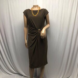 Anne Klein Dress Womens Sz 8 Brown Gathered Buckle Stretch Sheath Office Evening